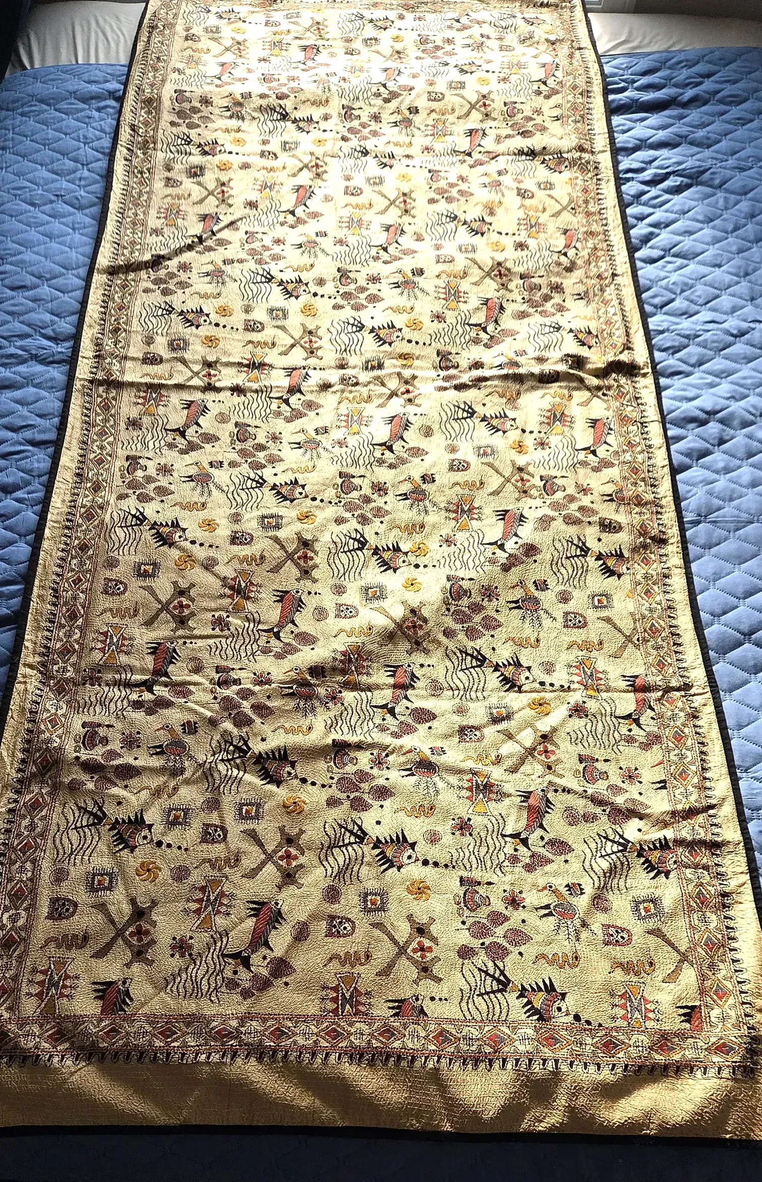Hand Embroidered Folk Art Textile Runner  Fish Birds — side view