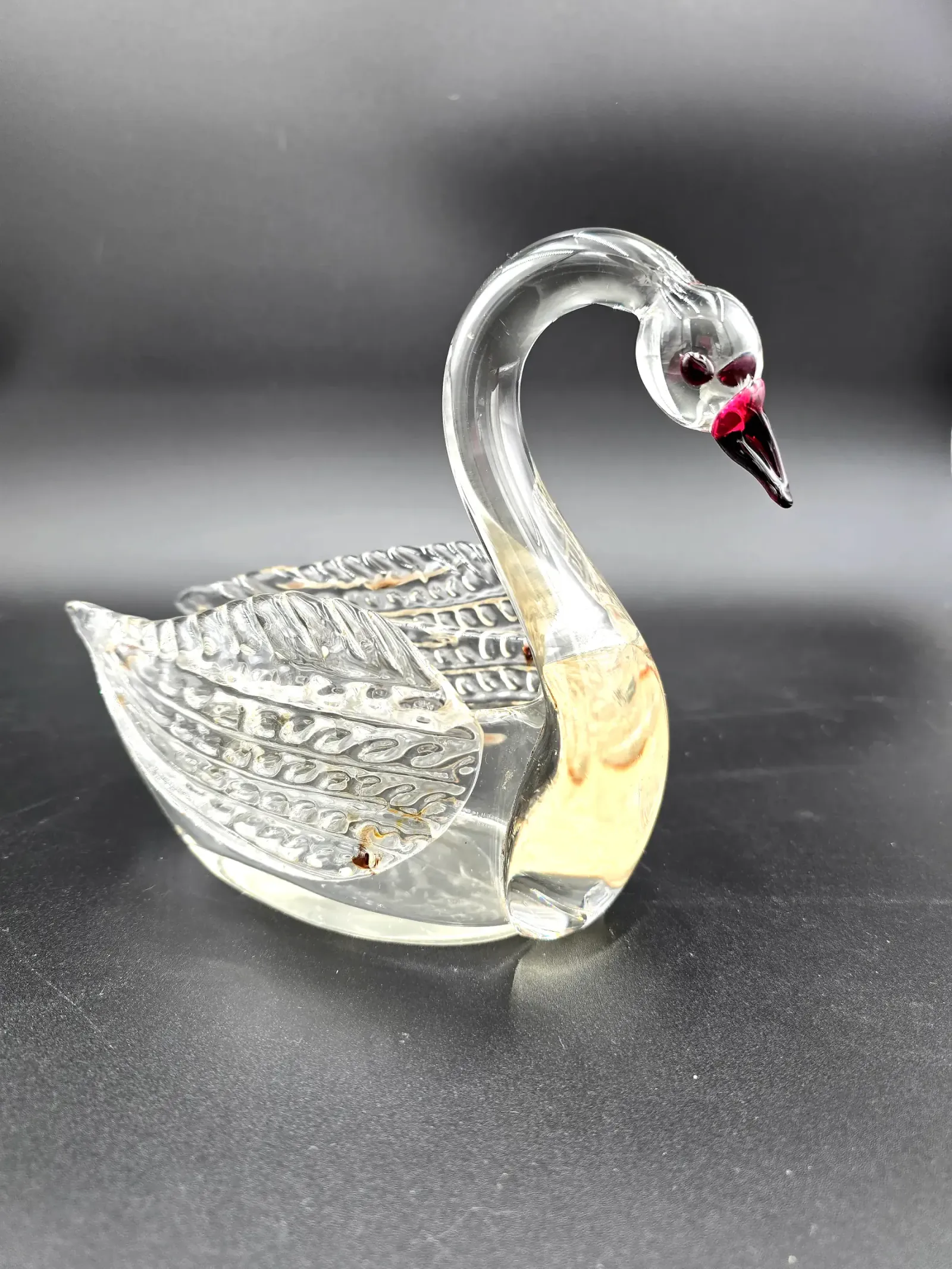 Vintage Signed Art Glass Swan Figurine – Possibly Czechoslovakian – Clear Amber