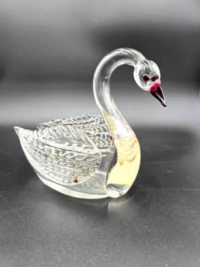 Vintage Signed Art Glass Swan Figurine – Possibly Czechoslovakian – Clear Amber