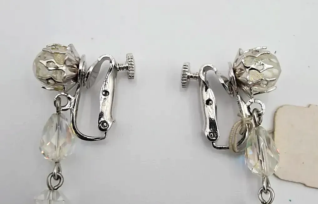Vintage 1950s Vendome AB Crystal Tiered Drop Clip Earrings Tag Patent 2809501 — underside