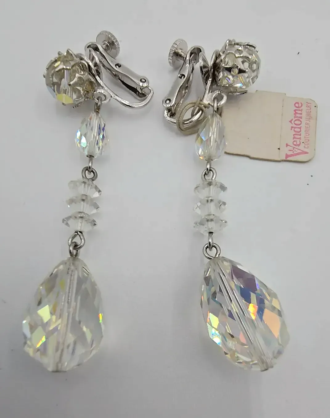 Vintage 1950s Vendome AB Crystal Tiered Drop Clip Earrings Tag Patent 2809501 — maker's mark