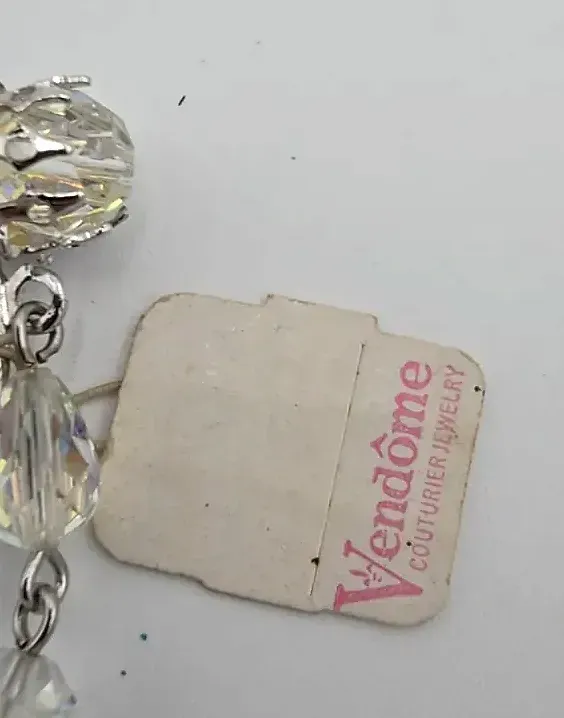 Vintage 1950s Vendome AB Crystal Tiered Drop Clip Earrings Tag Patent 2809501 — side view