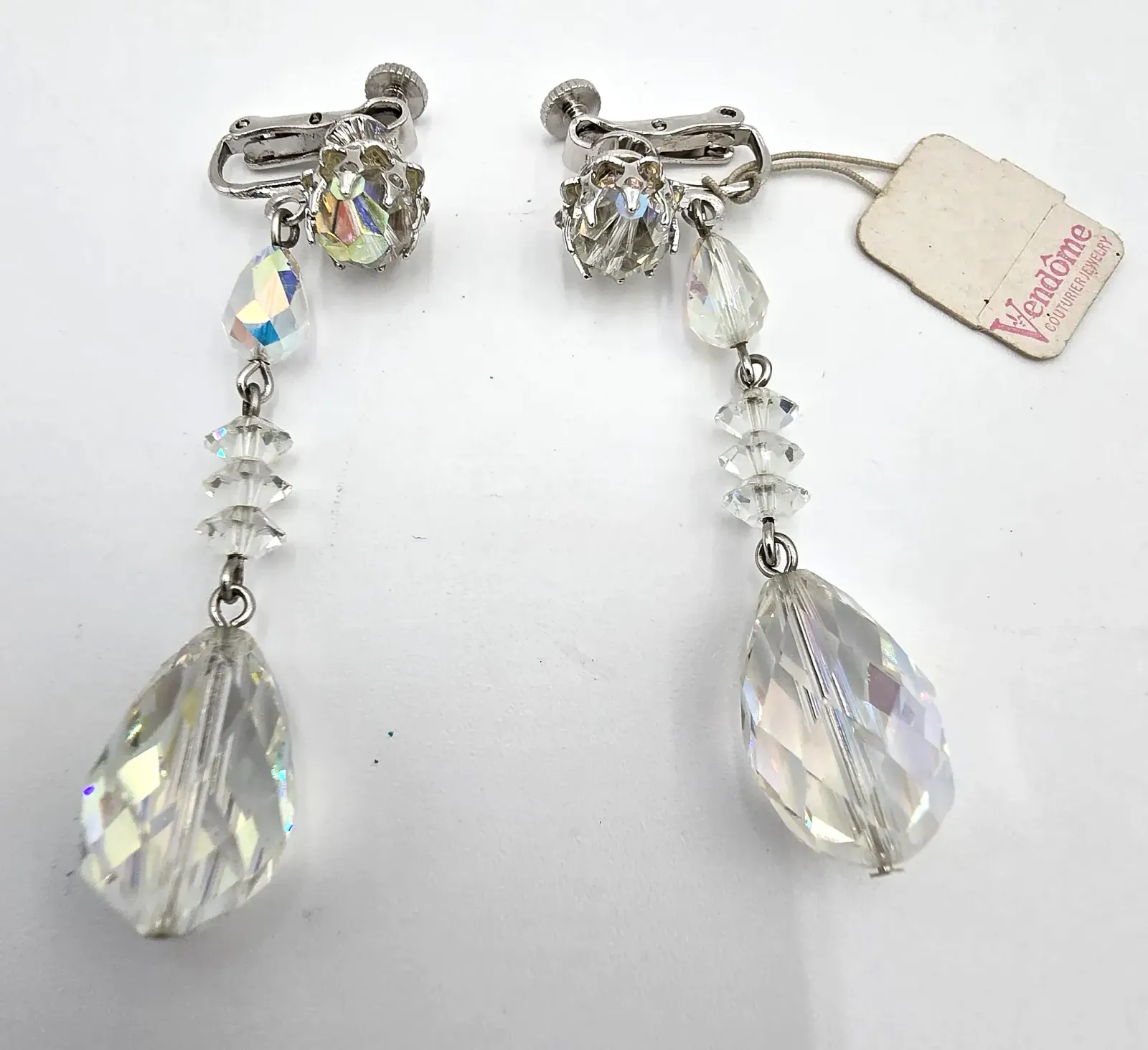 Vintage 1950s Vendome AB Crystal Tiered Drop Clip Earrings Tag Patent 2809501