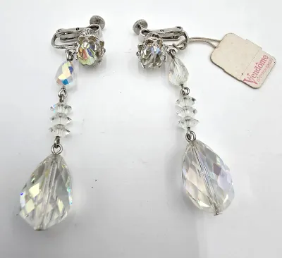 Vintage 1950s Vendome AB Crystal Tiered Drop Clip Earrings Tag Patent 2809501