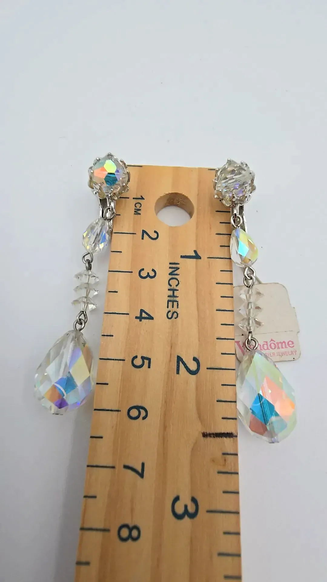Vintage 1950s Vendome AB Crystal Tiered Drop Clip Earrings Tag Patent 2809501 — detail