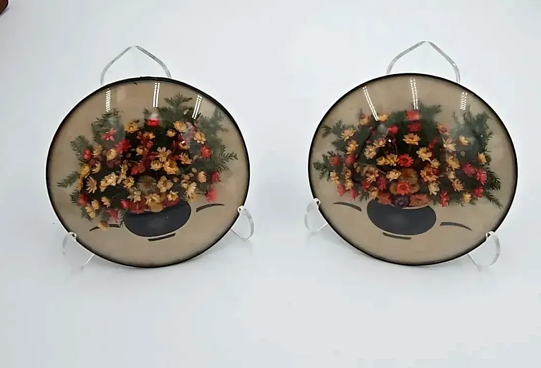 Vintage Pair Peter Watson’s Studio Convex Bubble Glass Dried Flower Art 3D — side view