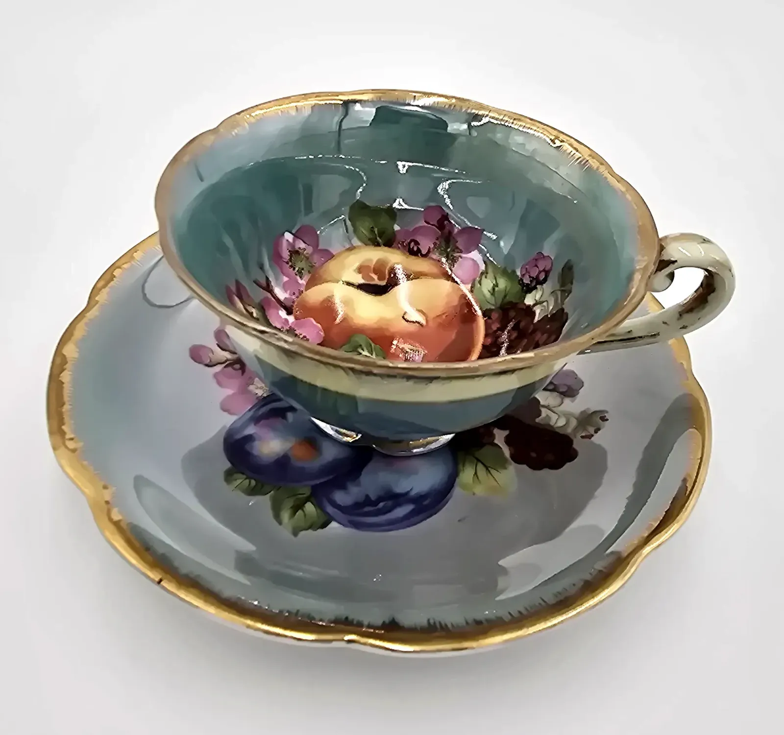 Vintage Napco China Hand Painted Fruit Cup & Saucer SD161 Japan Gold Trim