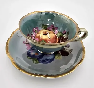 Vintage Napco China Hand Painted Fruit Cup & Saucer SD161 Japan Gold Trim
