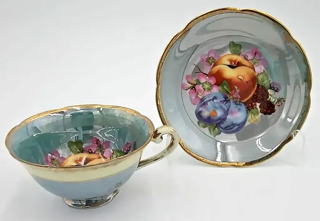 Vintage Napco China Hand Painted Fruit Cup & Saucer SD161 Japan Gold Trim