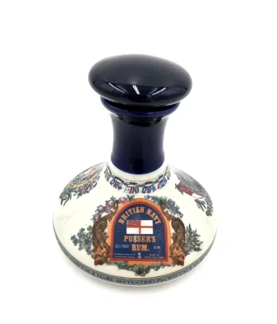 Vintage Pusser's British Navy Rum Mini Ceramic Decanter with Original Blue Stopper