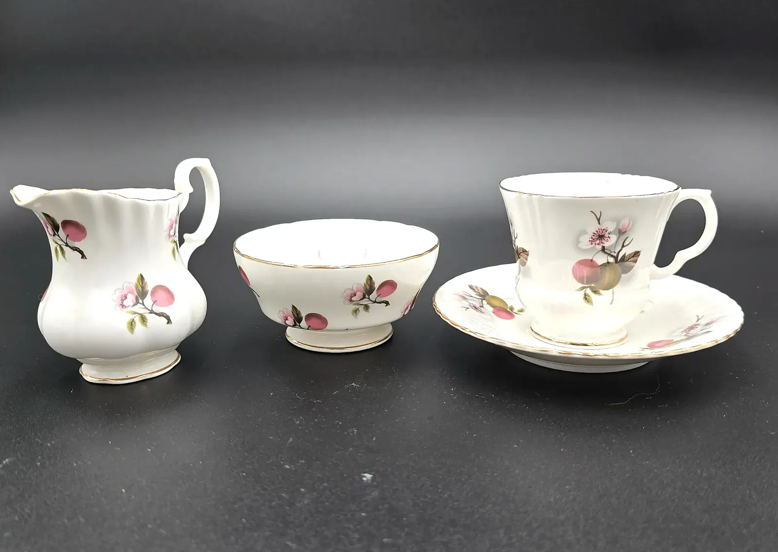 Royal Imperial Bone China England Cup Saucer Creamer Sugar Bowl Floral Fruit Set