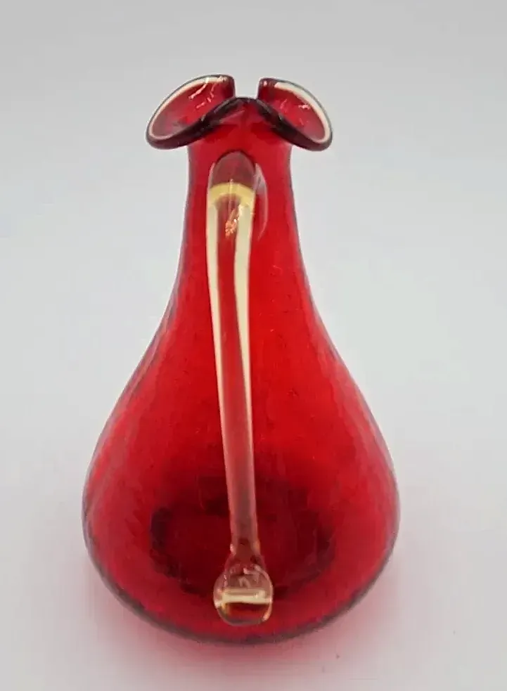 Vintage Ruby Red Crackle Glass Ewer Pitcher w/ Amber Applied Handle Art Glass