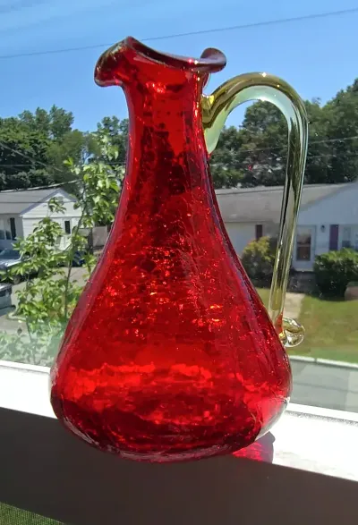 Vintage Ruby Red Crackle Glass Ewer Pitcher w/ Amber Applied Handle Art Glass