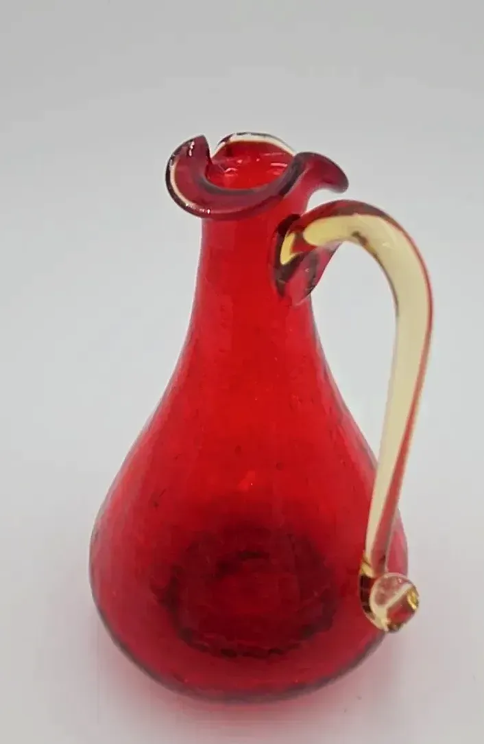 Vintage Ruby Red Crackle Glass Ewer Pitcher w/ Amber Applied Handle Art Glass