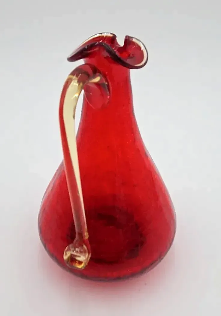 Vintage Ruby Red Crackle Glass Ewer Pitcher w/ Amber Applied Handle Art Glass