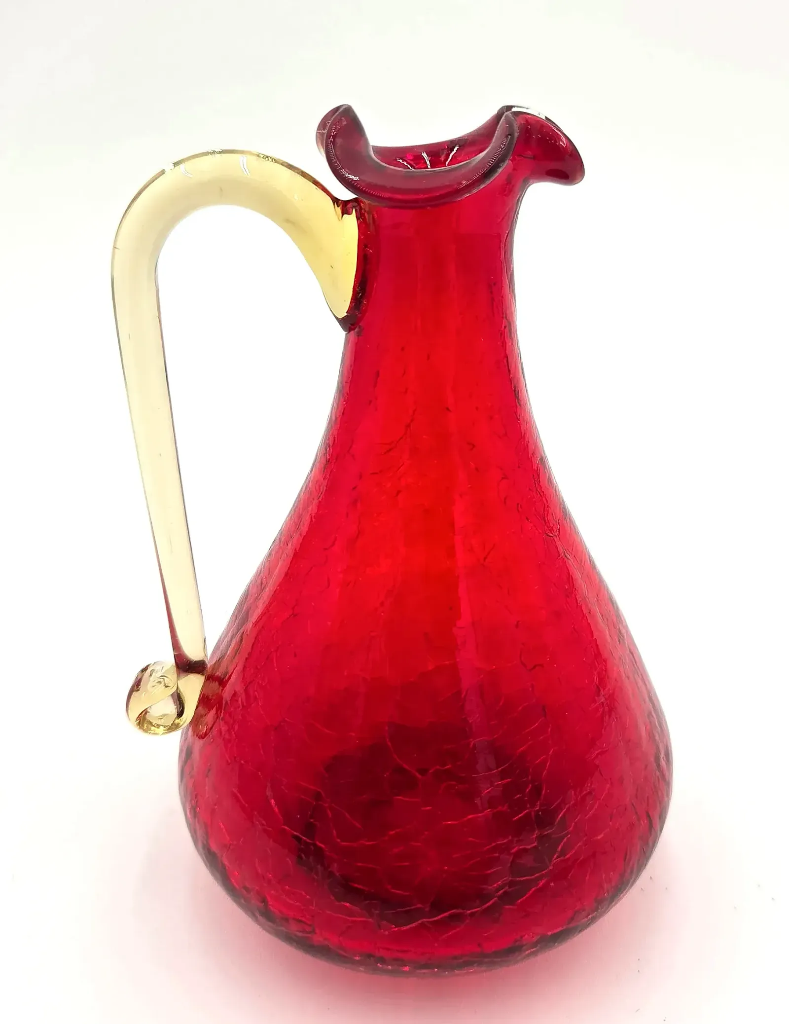 Vintage Ruby Red Crackle Glass Ewer Pitcher w/ Amber Applied Handle Art Glass