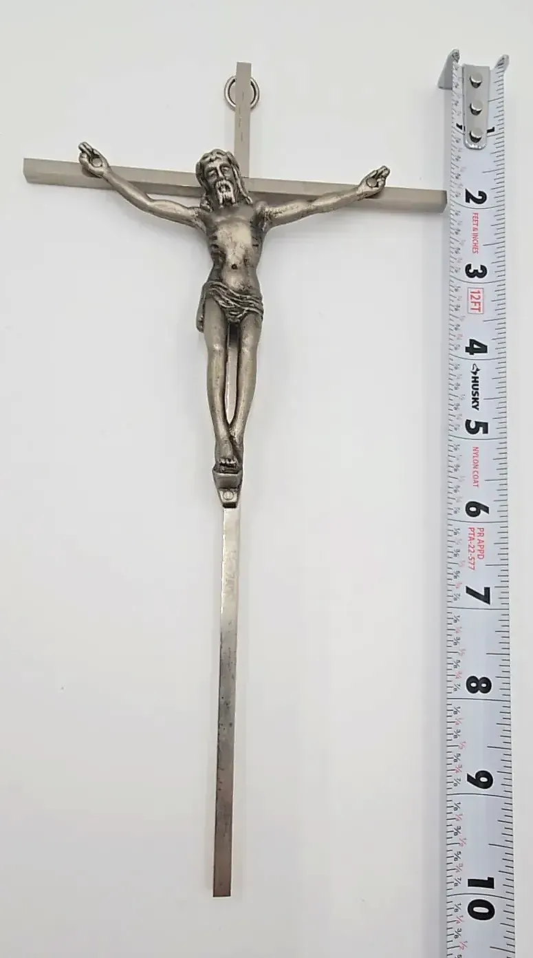 Vintage Silver Tone Metal Wall Crucifix with Corpus of Jesus & Original Box