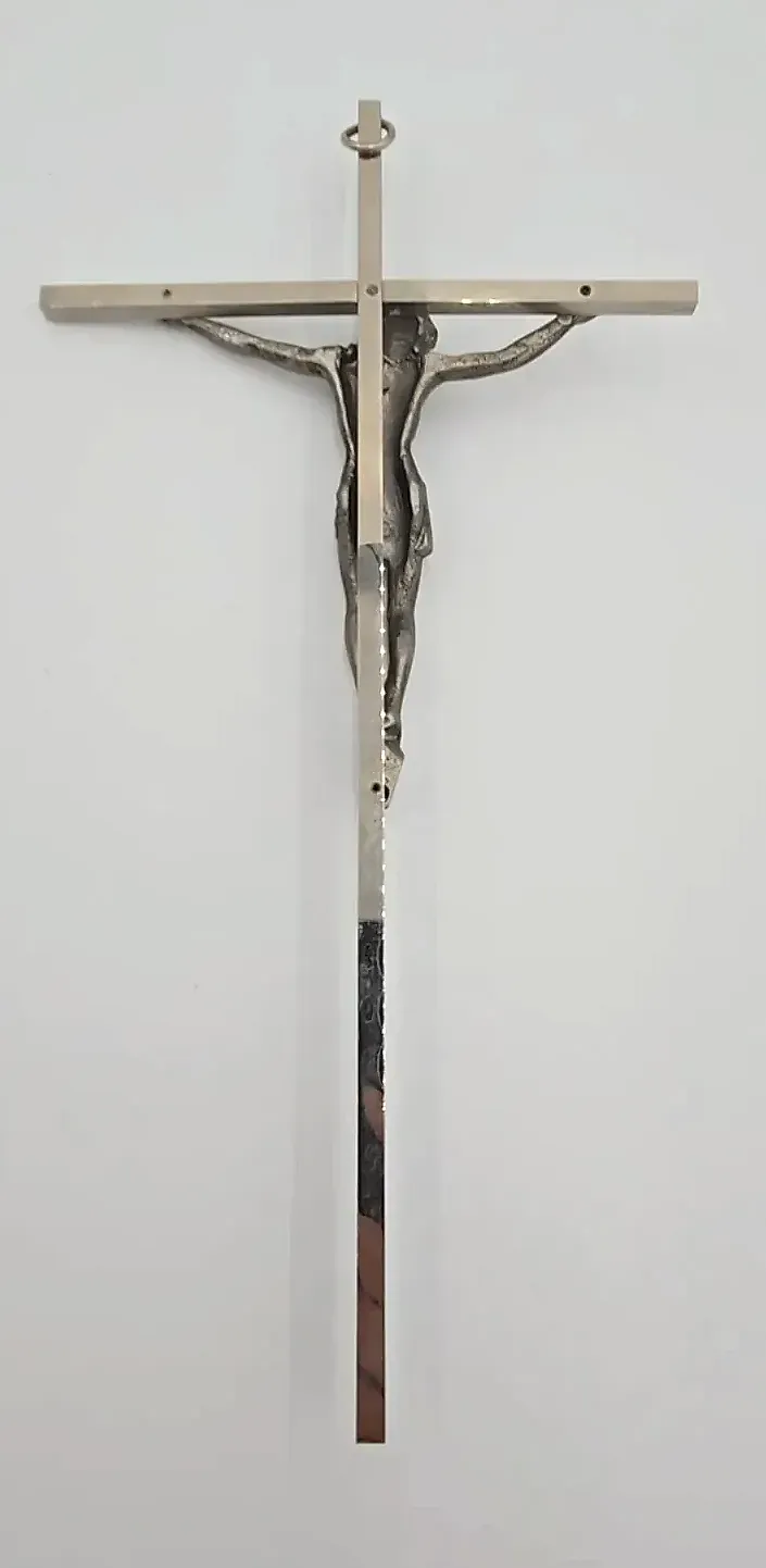 Vintage Silver Tone Metal Wall Crucifix with Corpus of Jesus & Original Box