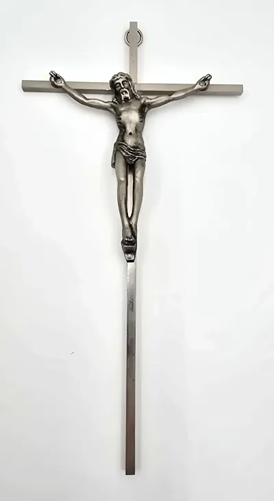 Vintage Silver Tone Metal Wall Crucifix with Corpus of Jesus & Original Box