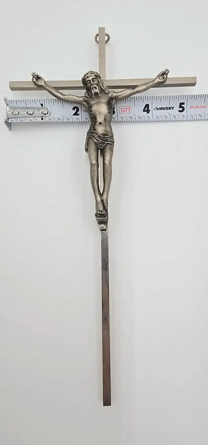 Vintage Silver Tone Metal Wall Crucifix with Corpus of Jesus & Original Box