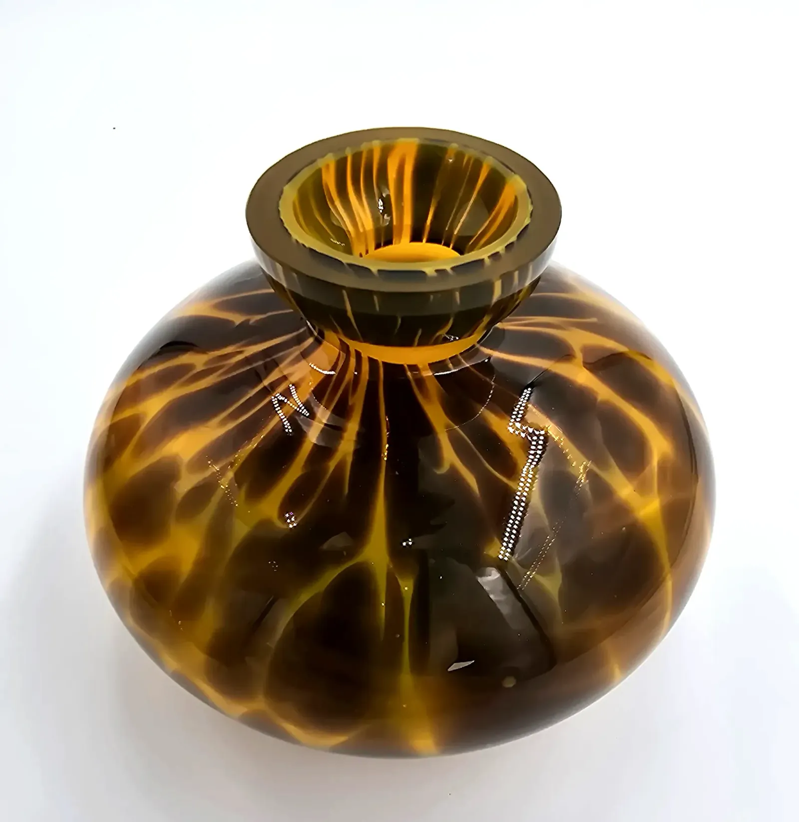 Vintage Tortoiseshell Art Glass Bud Vase Mottled Amber Brown Round