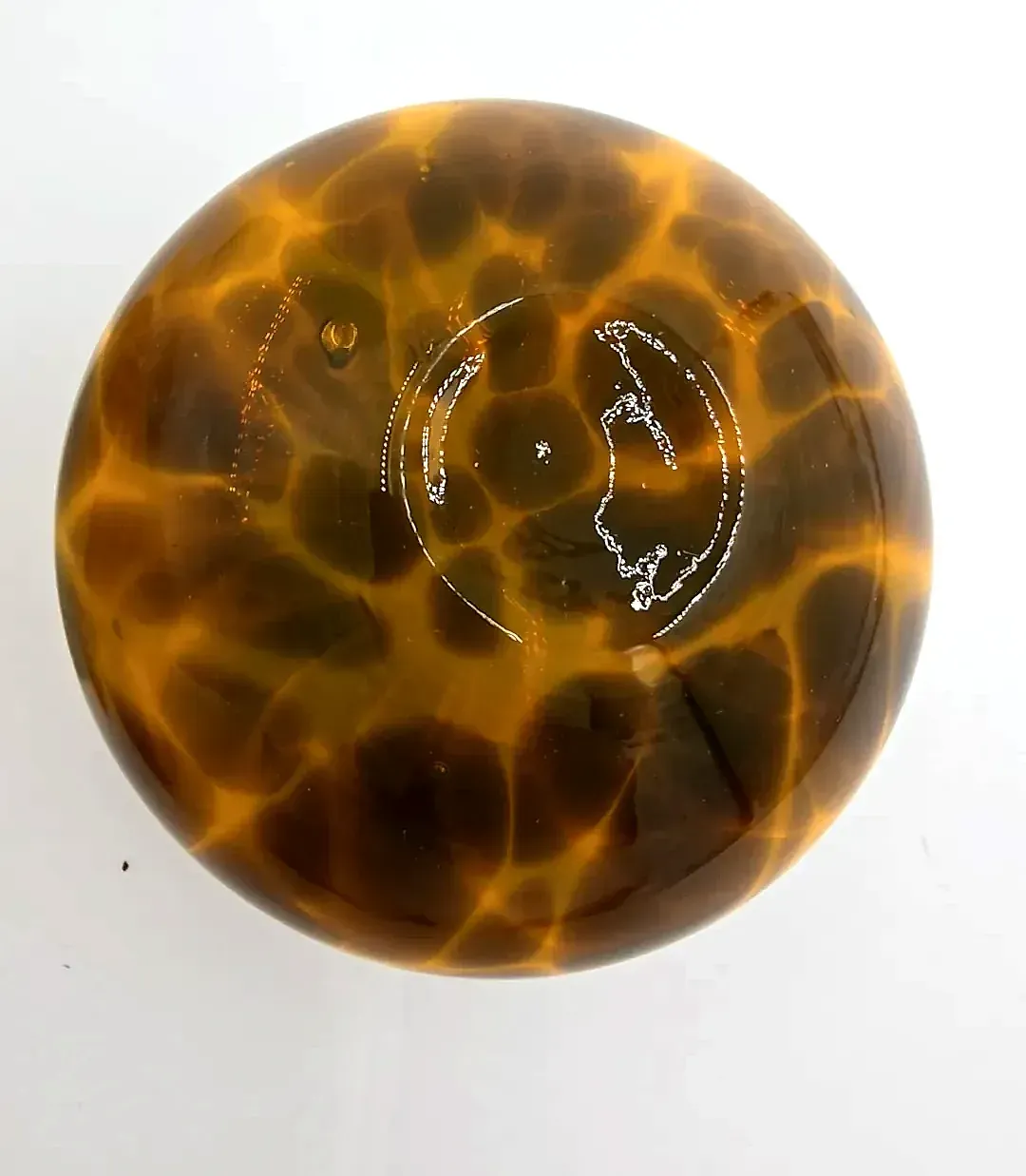 Vintage Tortoiseshell Art Glass Bud Vase Mottled Amber Brown Round — maker's mark