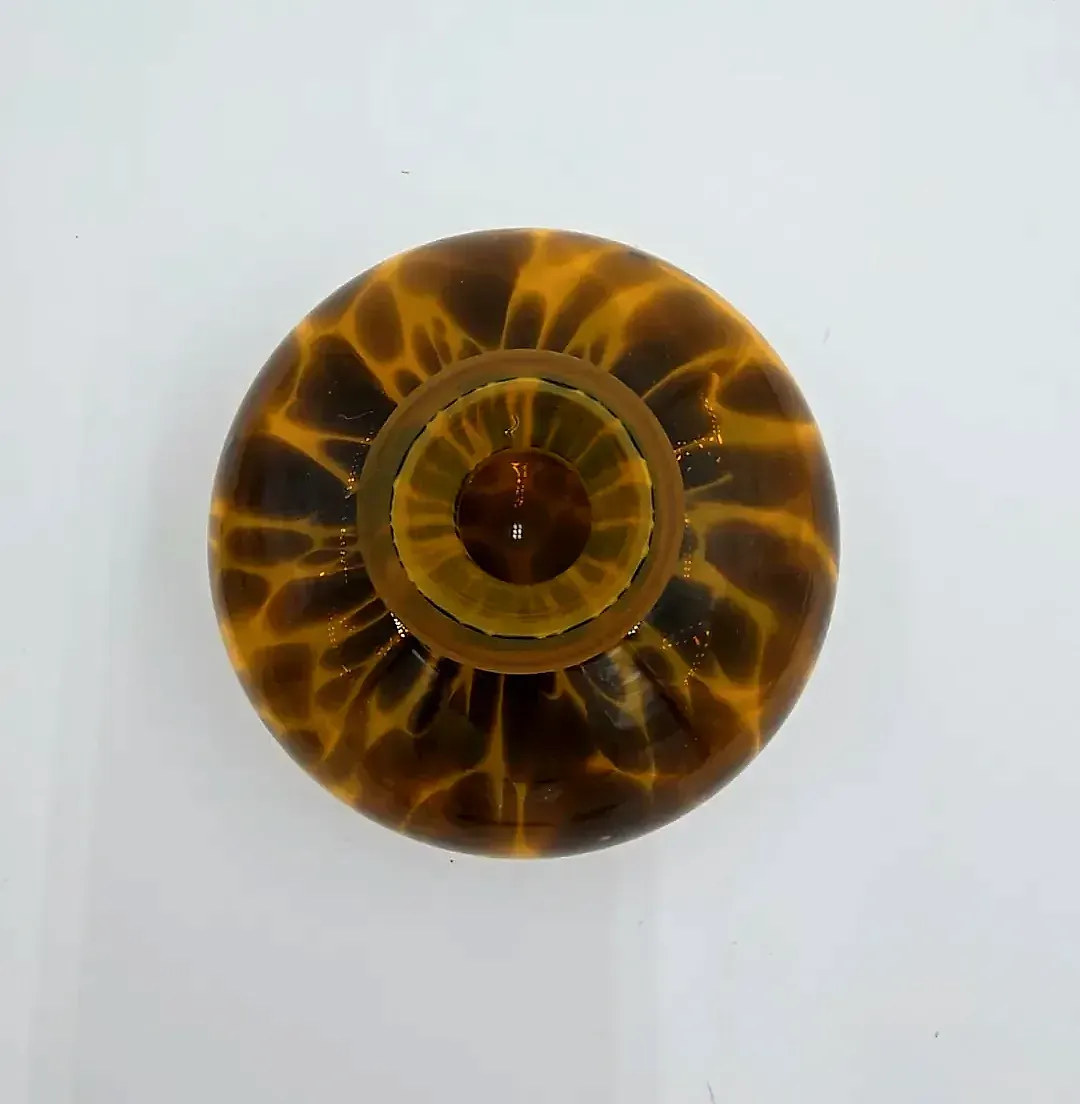 Vintage Tortoiseshell Art Glass Bud Vase Mottled Amber Brown Round — side view