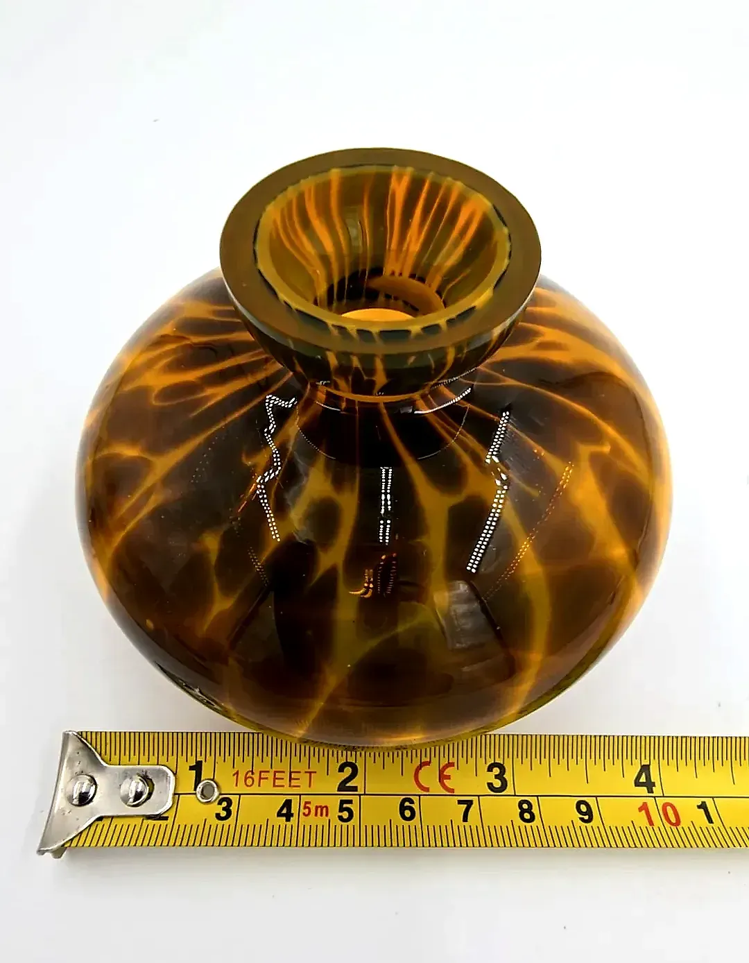 Vintage Tortoiseshell Art Glass Bud Vase Mottled Amber Brown Round — underside