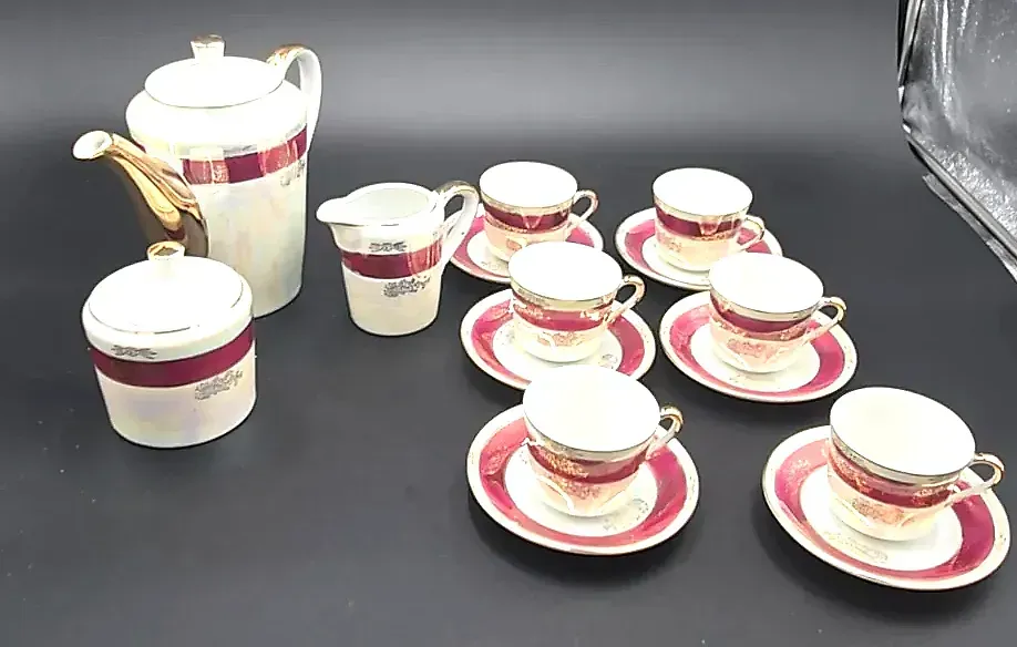 Vintage Jay's Japan 15 Pc Coffee Tea Set Burgundy Gold Porcelain w/ Box