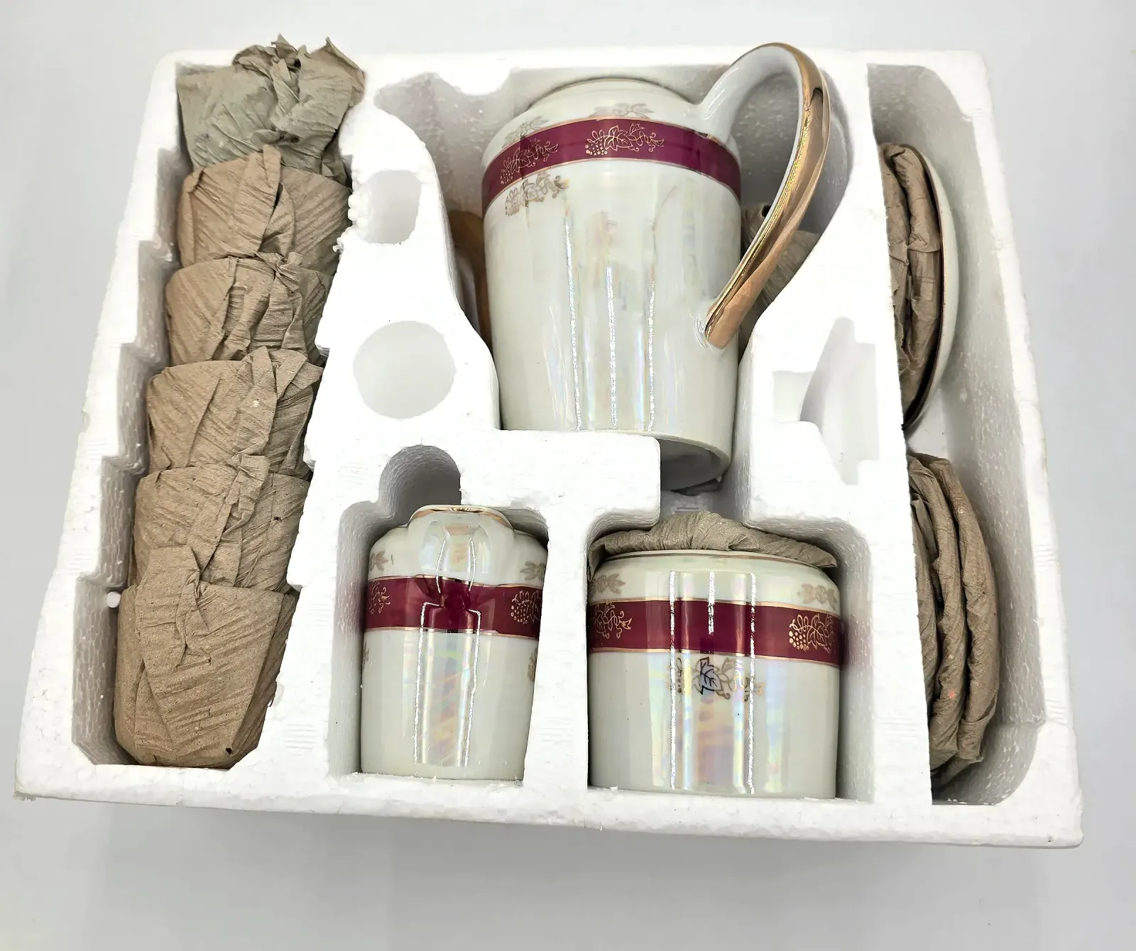 Vintage Jay's Japan 15 Pc Coffee Tea Set Burgundy Gold Porcelain w/ Box
