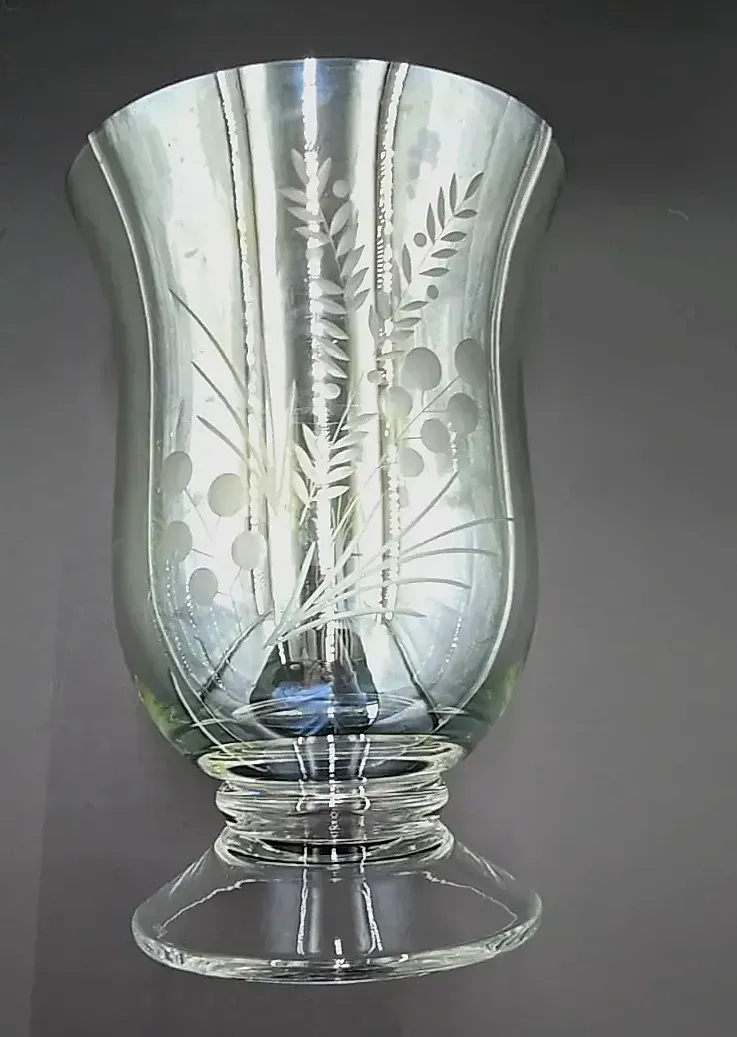 Lenox Williamsburg Boxwood Pine Green Etched Glass Hurricane Vase — side view