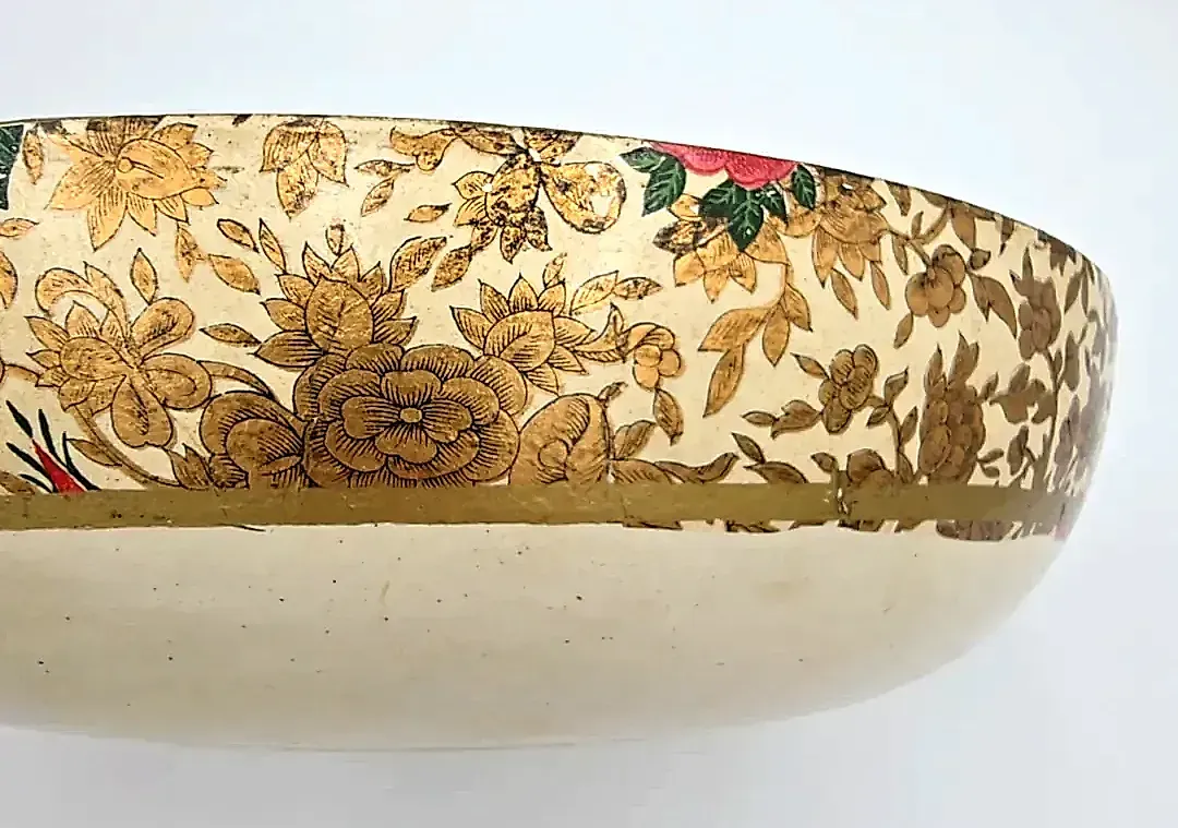 Vintage Highmount Quality Papier Mache Bowl Gold Chintz Floral Rose Japan — detail