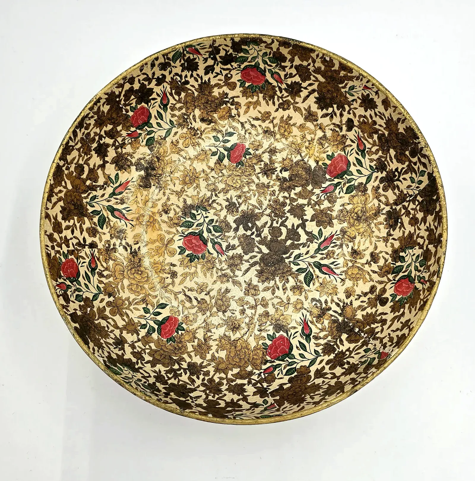 Vintage Highmount Quality Papier Mache Bowl Gold Chintz Floral Rose Japan