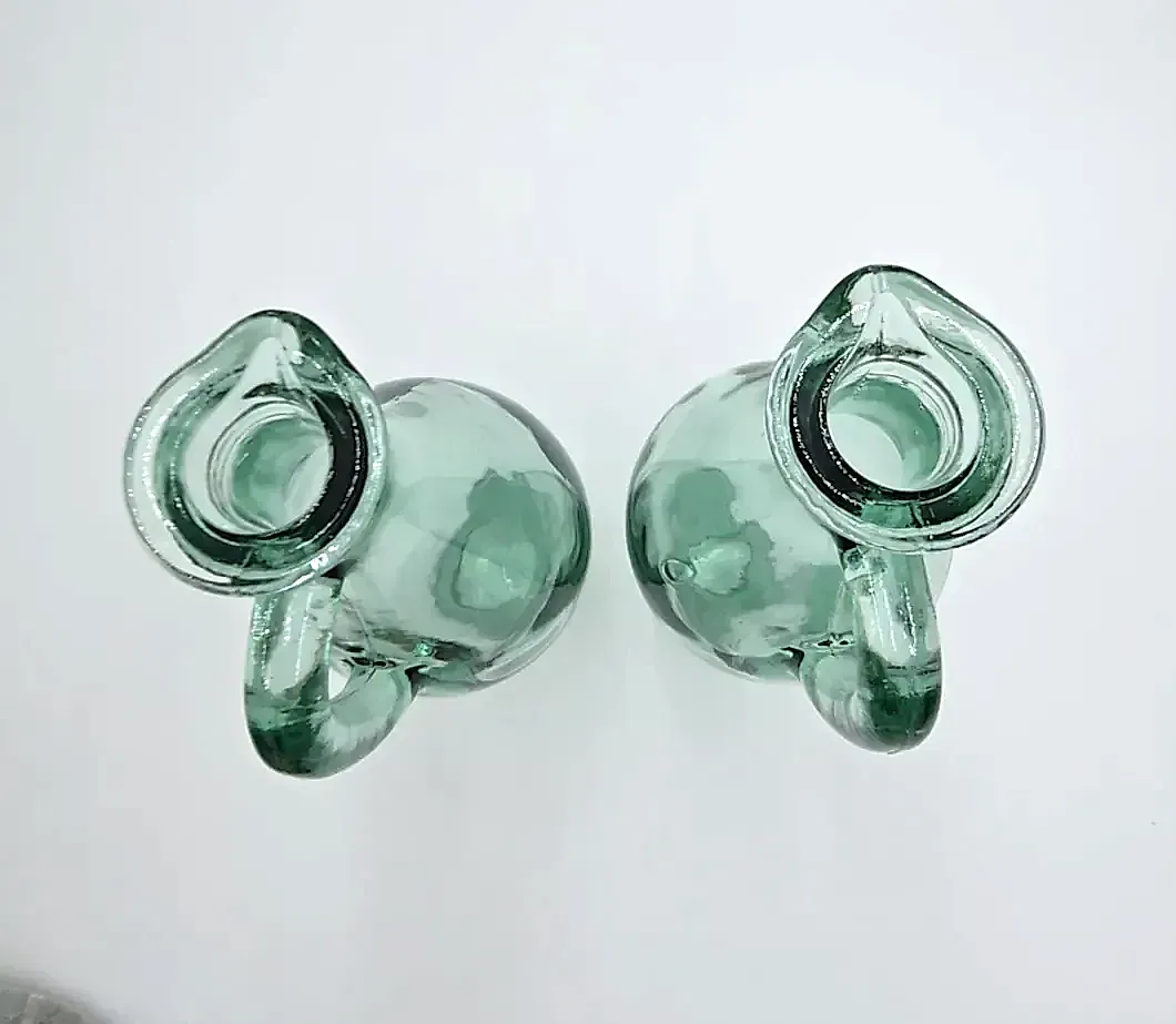Pair Hand Blown Aqua Green Glass Ewer Carafe Pitchers Applied Handles — detail