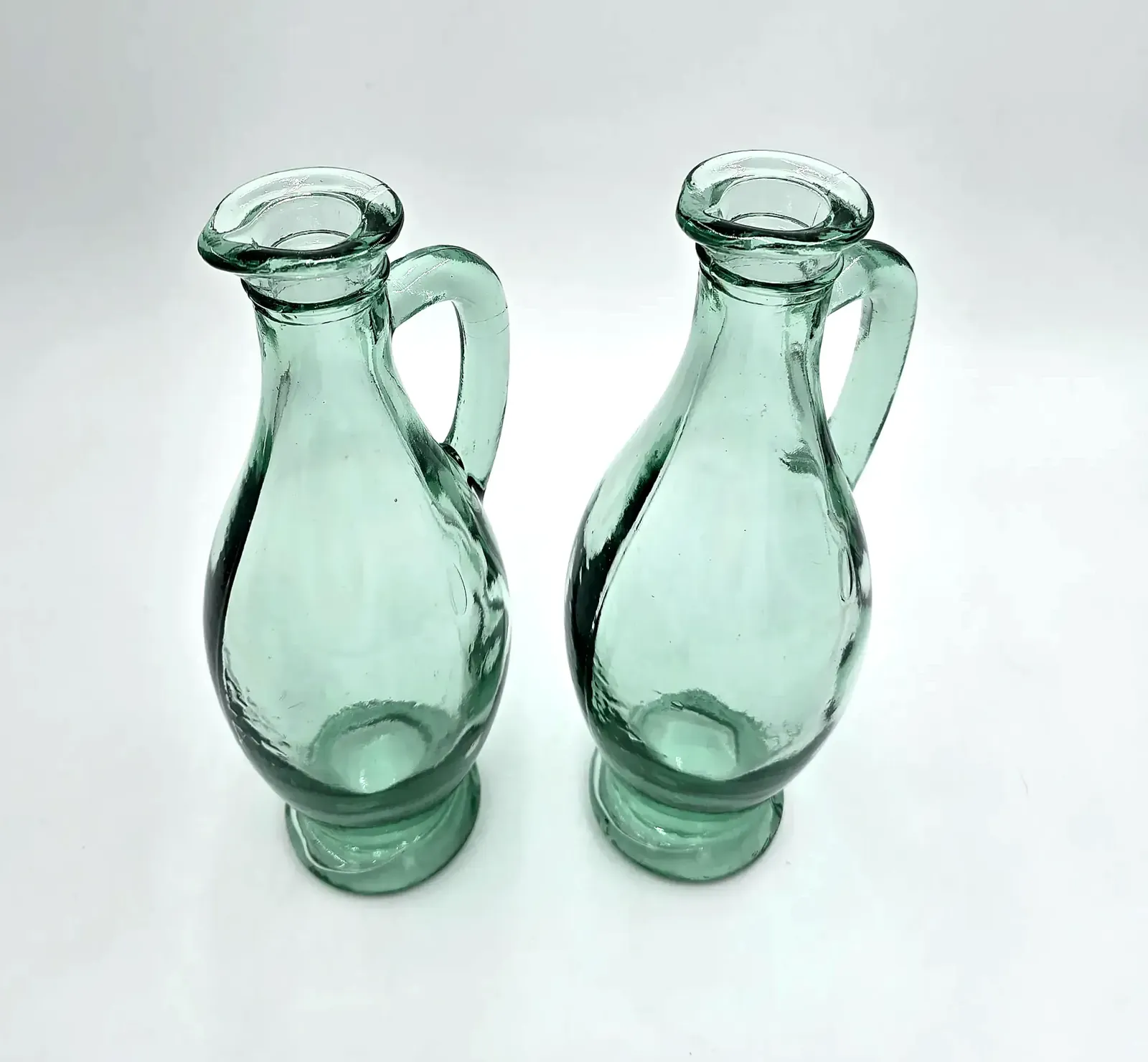 Pair Hand Blown Aqua Green Glass Ewer Carafe Pitchers Applied Handles