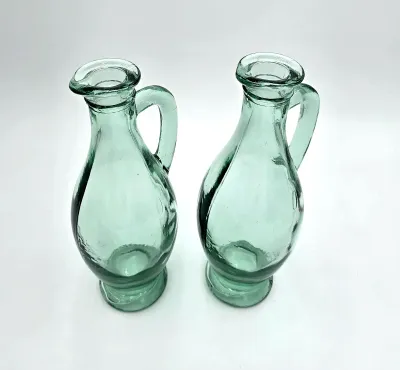 Pair Hand Blown Aqua Green Glass Ewer Carafe Pitchers Applied Handles