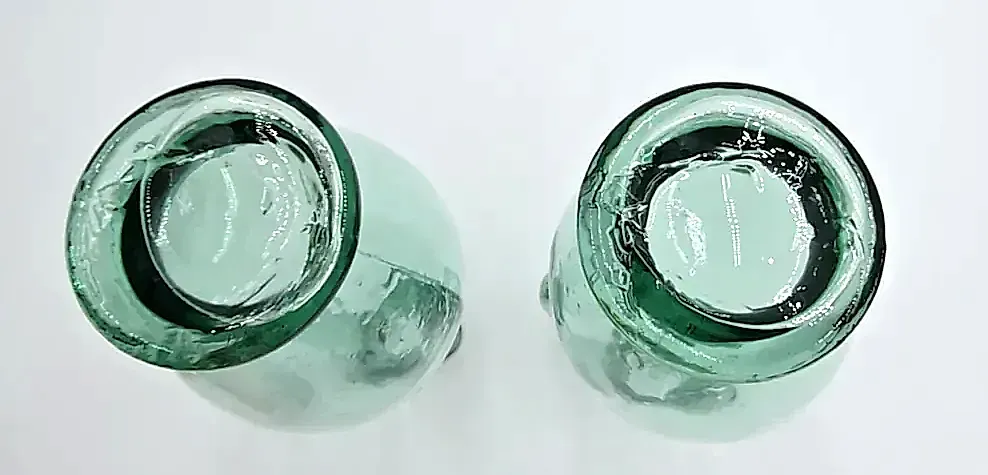 Pair Hand Blown Aqua Green Glass Ewer Carafe Pitchers Applied Handles — underside