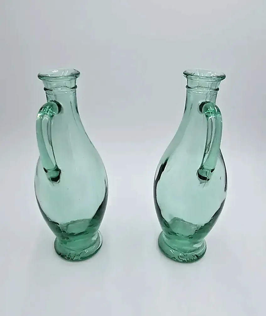 Pair Hand Blown Aqua Green Glass Ewer Carafe Pitchers Applied Handles — side view