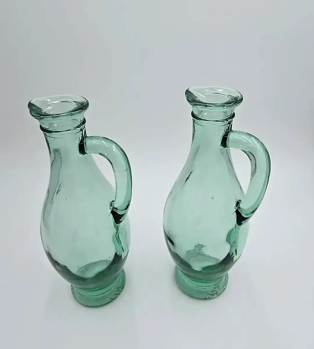 Pair Hand Blown Aqua Green Glass Ewer Carafe Pitchers Applied Handles — maker's mark