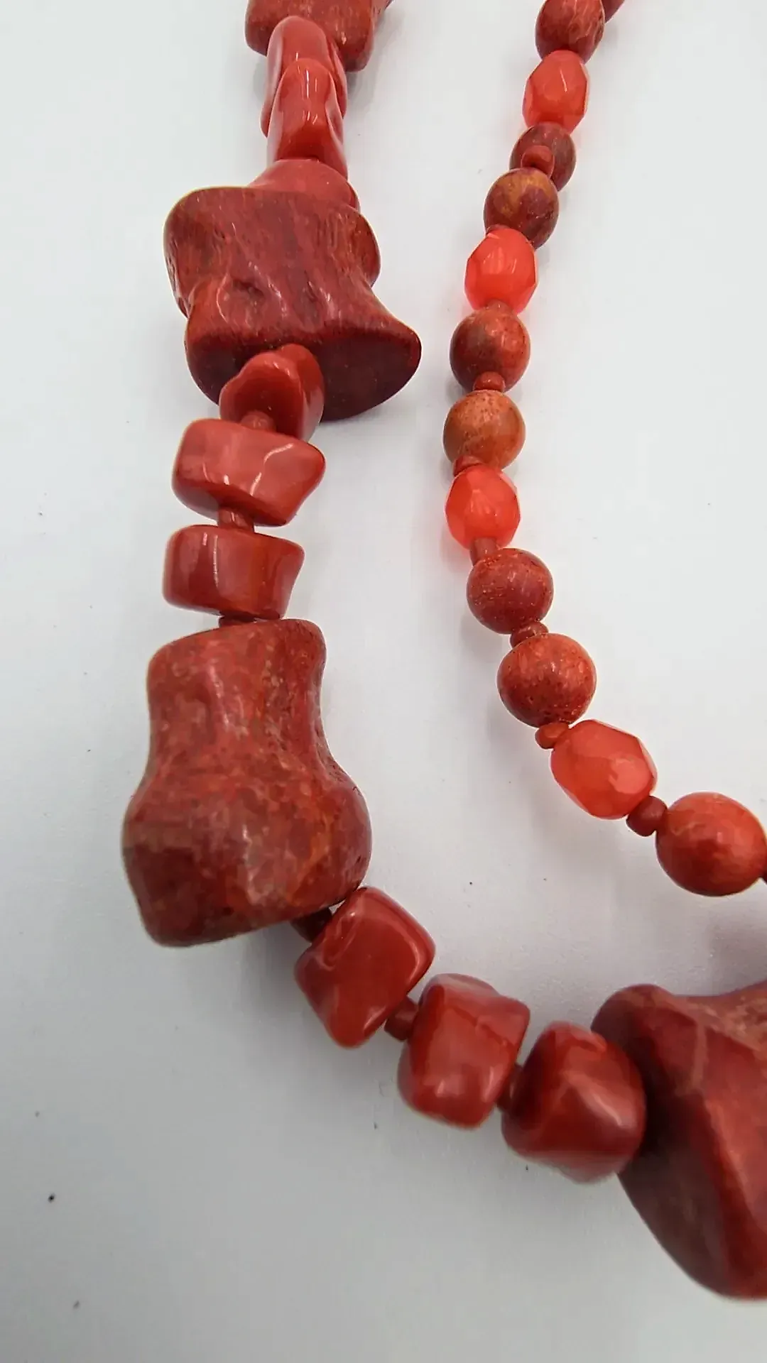 Red Sponge Coral Mixed Bead Double Strand Chunky Statement Necklace — side view