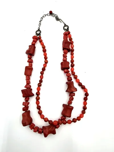 Red Sponge Coral Mixed Bead Double Strand Chunky Statement Necklace