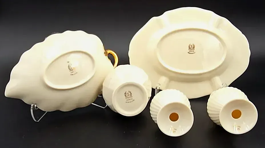VTG Lenox  24K Gold Porcelain 5 Pc Lot Leaf Dish Vase Salt Pepper Ashtray — side view