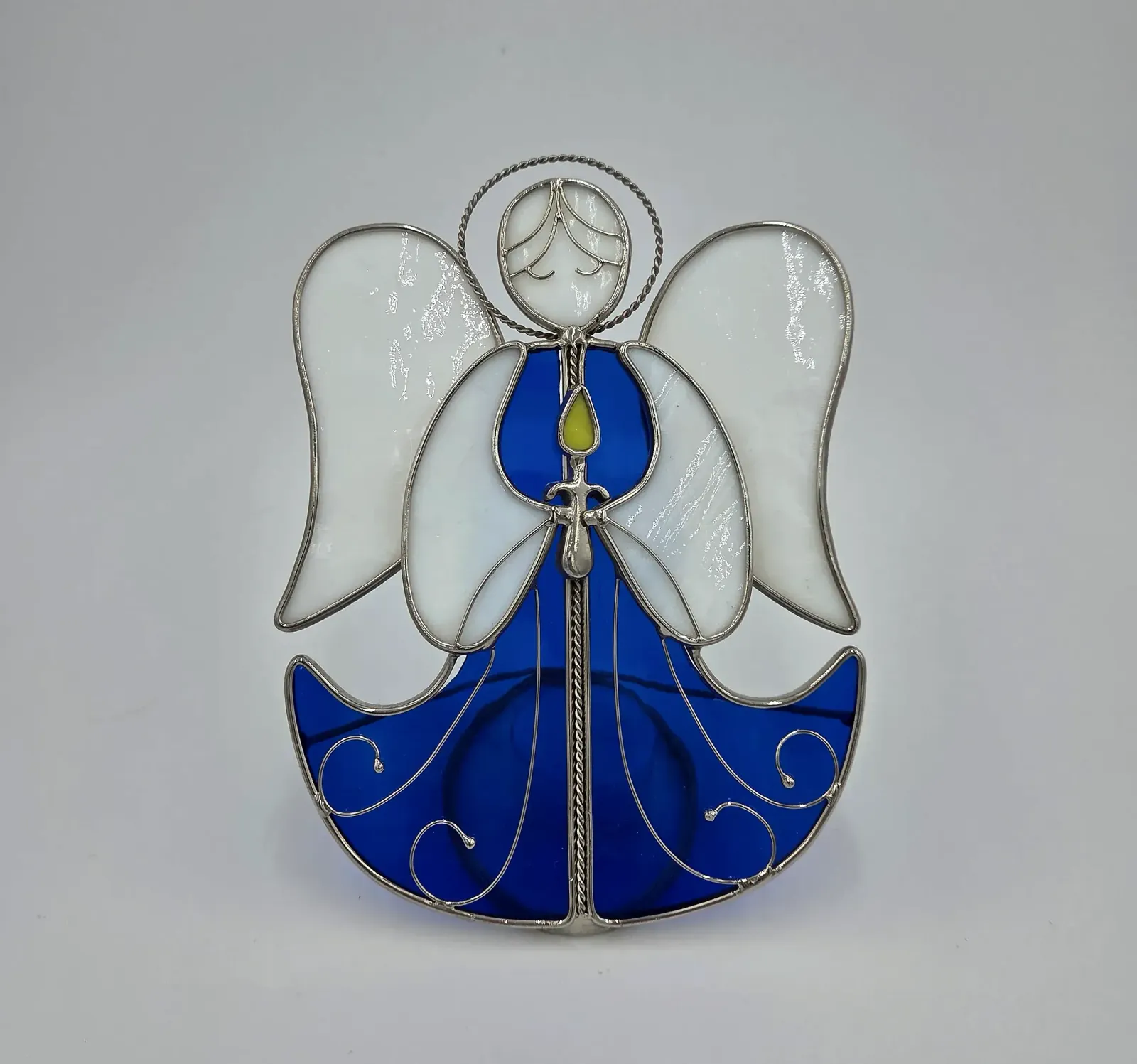 Handmade Stained Glass Angel Tea light Holder Blue White Christmas Sun catcher