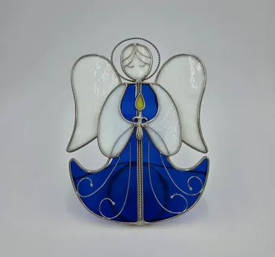 Handmade Stained Glass Angel Tea light Holder Blue White Christmas Sun catcher
