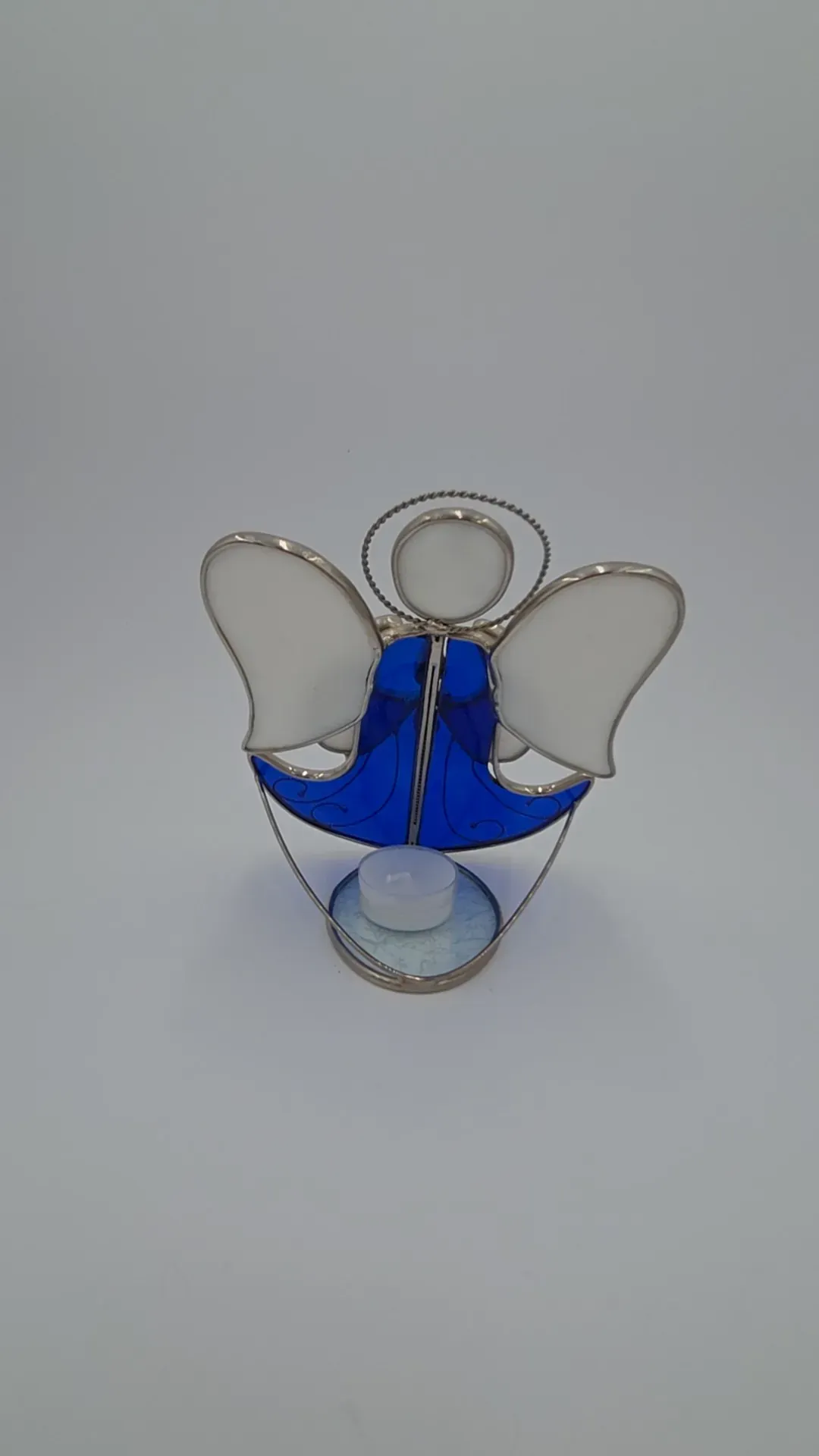 Handmade Stained Glass Angel Tea light Holder Blue White Christmas Sun catcher