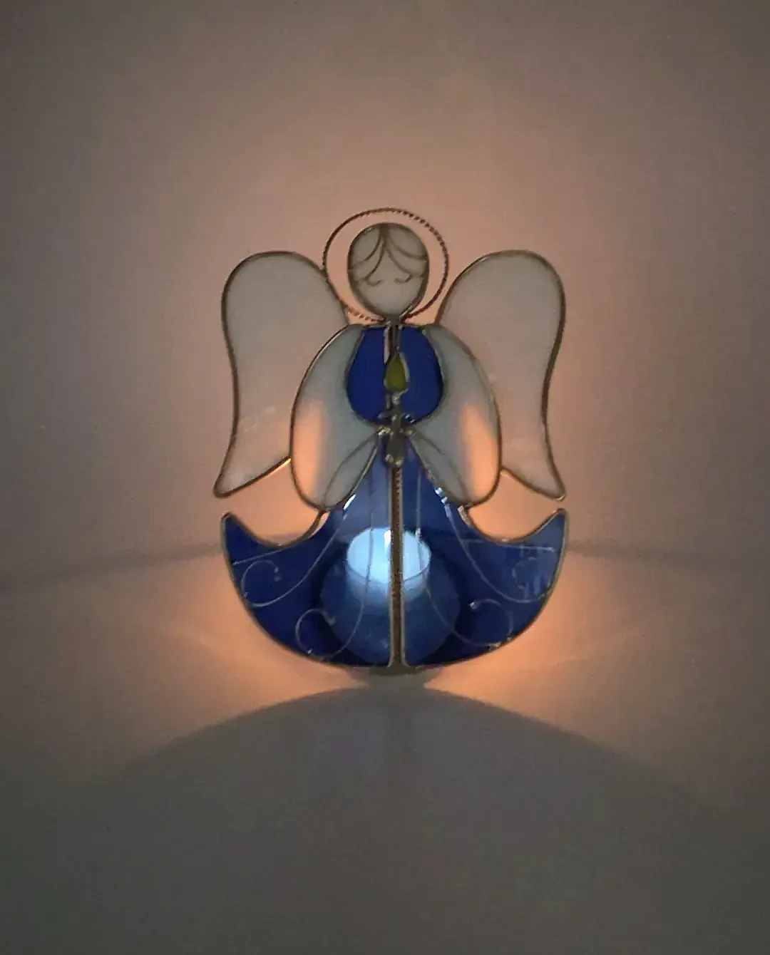 Handmade Stained Glass Angel Tea light Holder Blue White Christmas Sun catcher