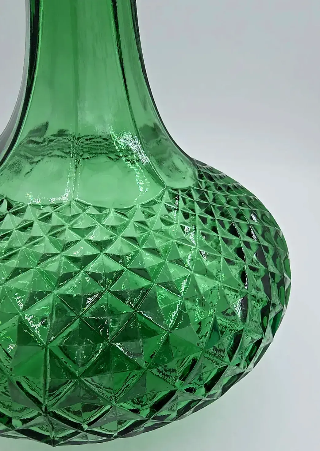 MCM Vintage Green Glass Decanter Genie Bottle Italian Empoli Diamond Point — side view