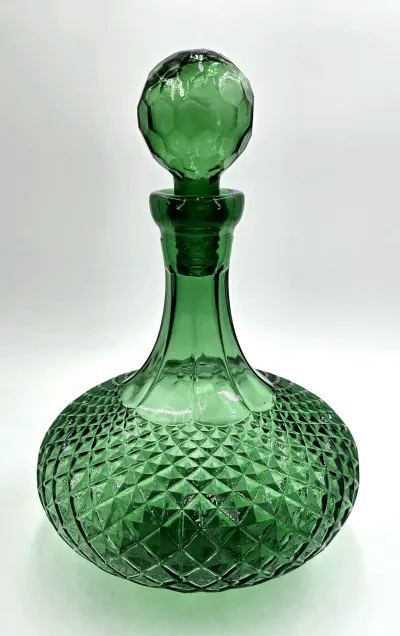 MCM Vintage Green Glass Decanter Genie Bottle Italian Empoli Diamond Point