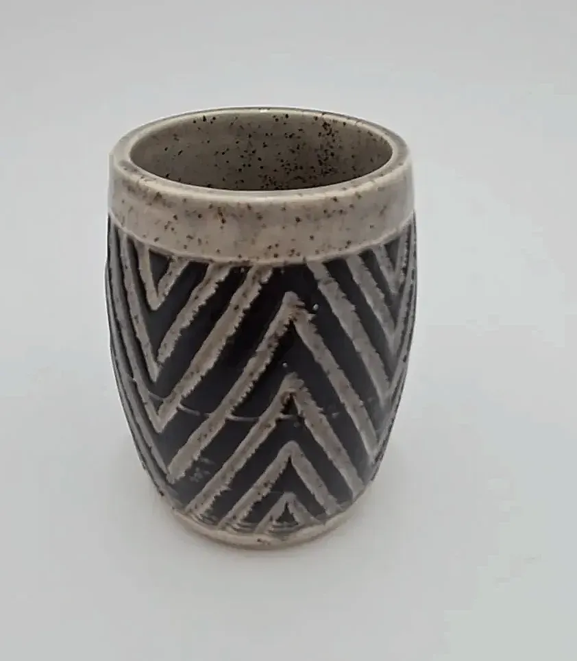 Vintage Japanese Art Pottery Stoneware Tumbler Cup Black Gray Chevron Made in Japan