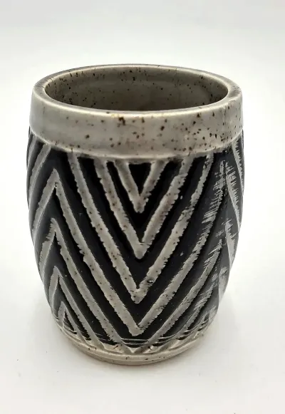 Vintage Japanese Art Pottery Stoneware Tumbler Cup Black Gray Chevron Made in Japan